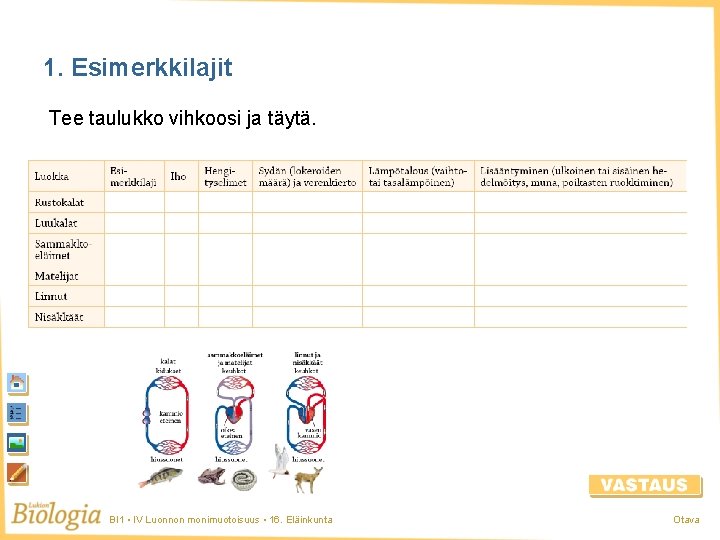 1. Esimerkkilajit Tee taulukko vihkoosi ja täytä. BI 1 • IV Luonnon monimuotoisuus • 1. Esimerkkilajit Tee taulukko vihkoosi ja täytä. BI 1 • IV Luonnon monimuotoisuus •