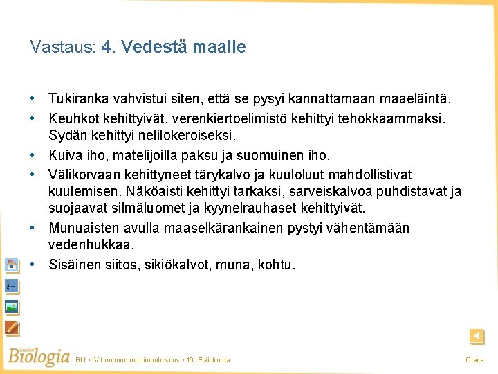 Vastaus: 4. Vedestä maalle • Tukiranka vahvistui siten, että se pysyi kannattamaan maaeläintä. • Vastaus: 4. Vedestä maalle • Tukiranka vahvistui siten, että se pysyi kannattamaan maaeläintä. •