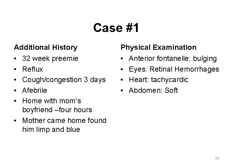 Case #1 Additional History Physical Examination • • • 32 week preemie Reflux Cough/congestion