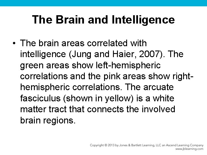 The Brain and Intelligence • The brain areas correlated with intelligence (Jung and Haier,