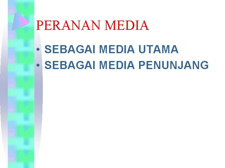 PERANAN MEDIA • SEBAGAI MEDIA UTAMA • SEBAGAI MEDIA PENUNJANG 