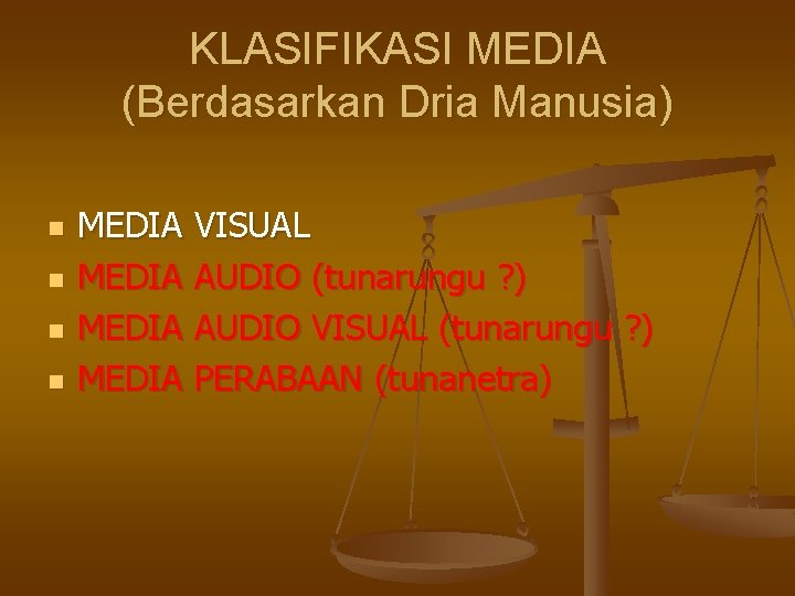 KLASIFIKASI MEDIA (Berdasarkan Dria Manusia) n n MEDIA VISUAL MEDIA AUDIO (tunarungu ? )