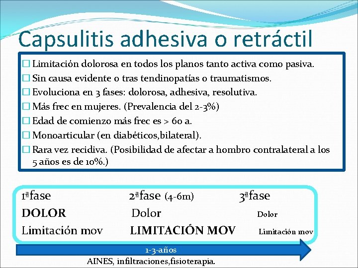 Capsulitis adhesiva o retráctil � Limitación dolorosa en todos los planos tanto activa como