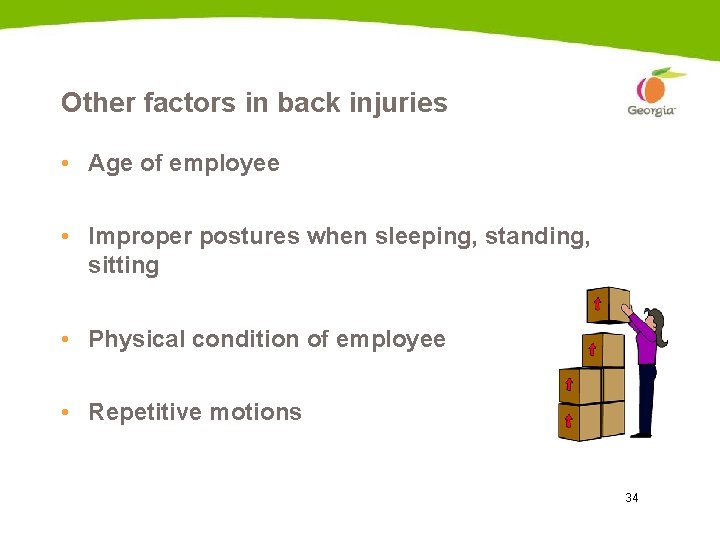 Other factors in back injuries • Age of employee • Improper postures when sleeping,