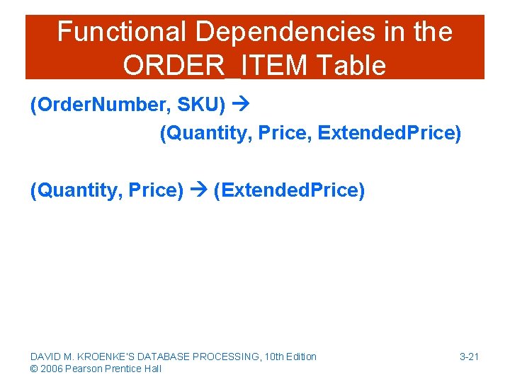 Functional Dependencies in the ORDER_ITEM Table (Order. Number, SKU) (Quantity, Price, Extended. Price) (Quantity,