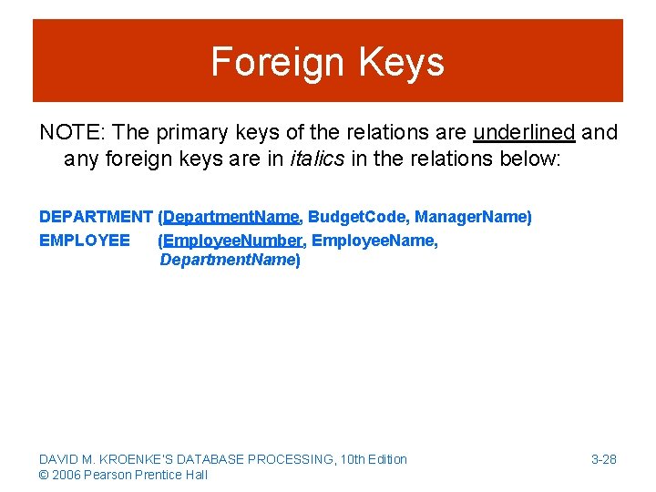 Foreign Keys NOTE: The primary keys of the relations are underlined any foreign keys