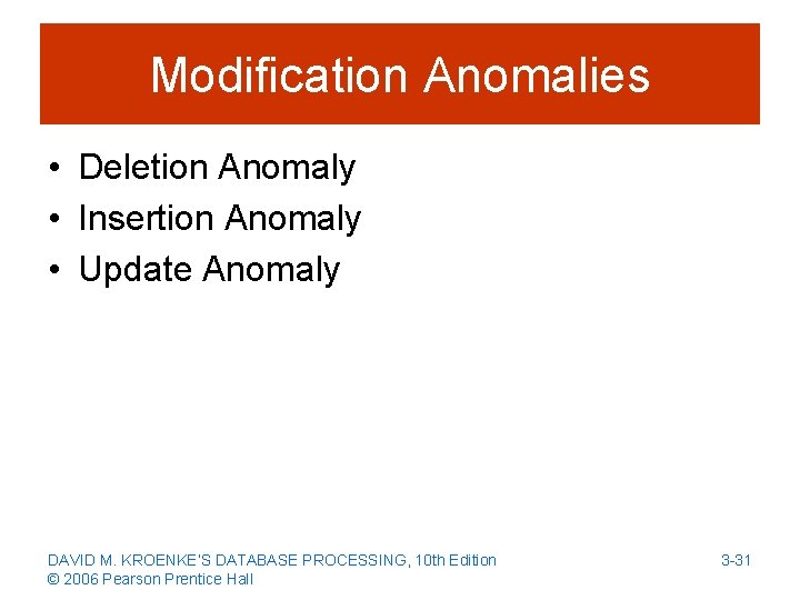 Modification Anomalies • Deletion Anomaly • Insertion Anomaly • Update Anomaly DAVID M. KROENKE’S