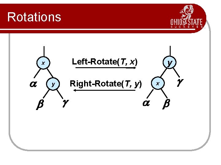 Rotations Left-Rotate(T, x) x Right-Rotate(T, y) y y x 