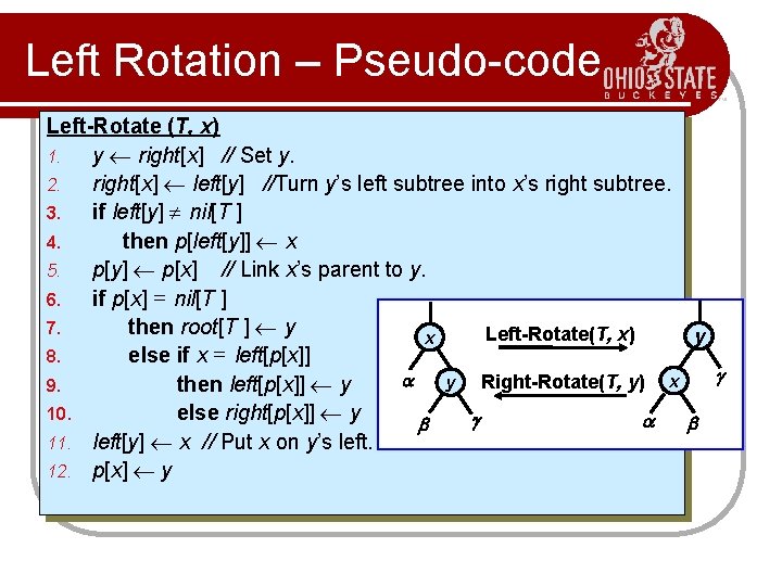 Left Rotation – Pseudo-code Left-Rotate (T, x) 1. y right[x] // Set y. 2.