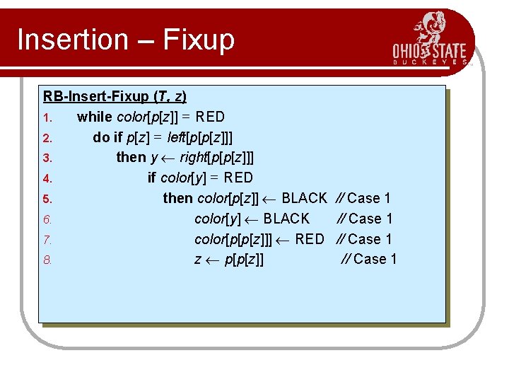 Insertion – Fixup RB-Insert-Fixup (T, z) 1. while color[p[z]] = RED 2. do if