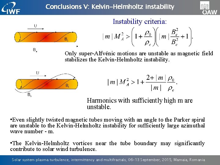 Conclusions V: Kelvin-Helmholtz instability Instability criteria: Only super-Alfvénic motions are unstable as magnetic field