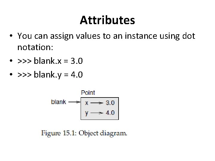 Attributes • You can assign values to an instance using dot notation: • >>>