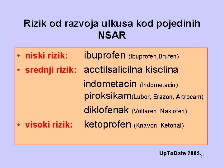 Rizik od razvoja ulkusa kod pojedinih NSAR • niski rizik: ibuprofen (Ibuprofen, Brufen) •