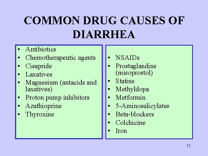 COMMON DRUG CAUSES OF DIARRHEA • • • Antibiotics Chemotherapeutic agents Cisapride Laxatives Magnesium