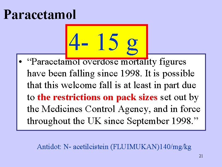 Paracetamol 4 - 15 g • “Paracetamol overdose mortality figures have been falling since