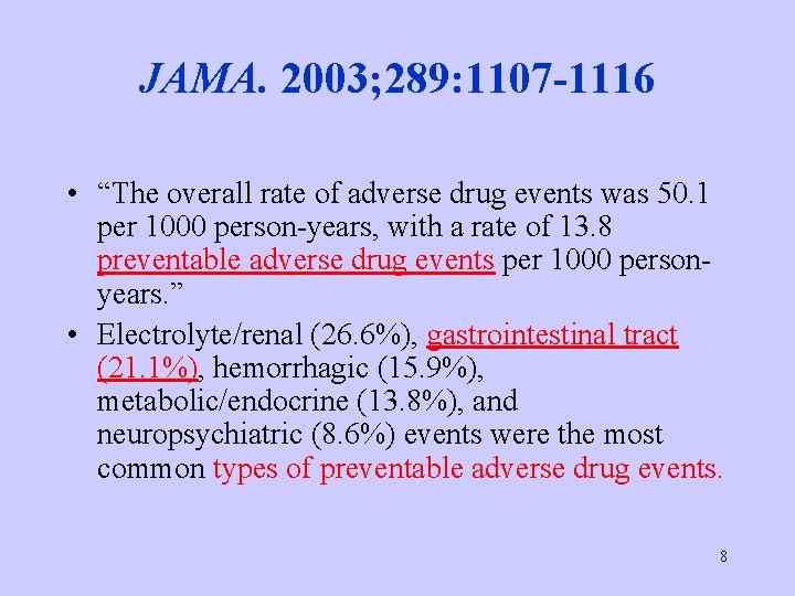 JAMA. 2003; 289: 1107 -1116 • “The overall rate of adverse drug events was
