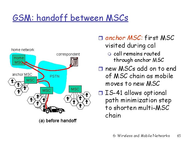 GSM: handoff between MSCs r anchor MSC: first MSC visited during cal home network