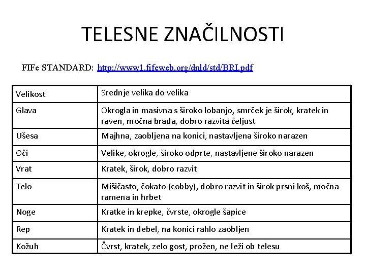 TELESNE ZNAČILNOSTI FIFe STANDARD: http: //www 1. fifeweb. org/dnld/std/BRI. pdf Velikost Srednje velika do