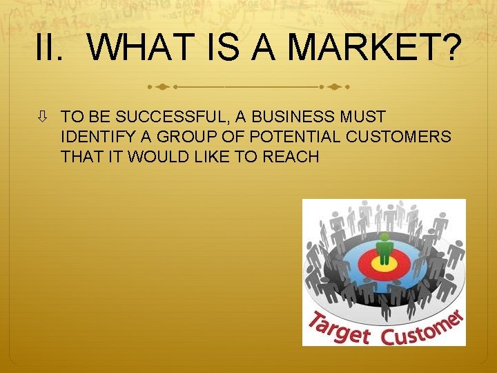 II. WHAT IS A MARKET? TO BE SUCCESSFUL, A BUSINESS MUST IDENTIFY A GROUP