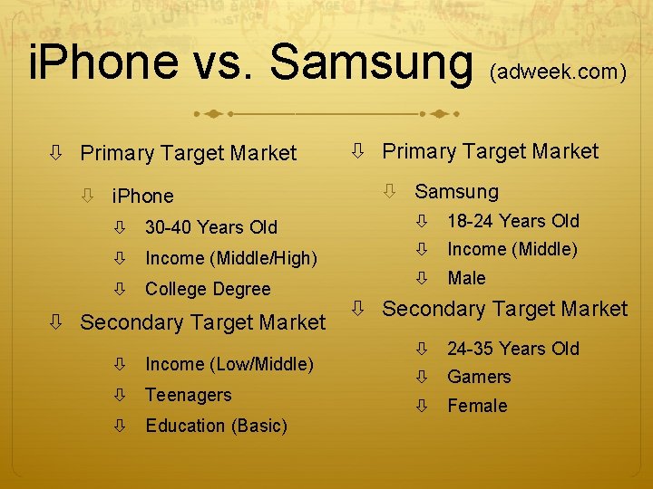 i. Phone vs. Samsung (adweek. com) Primary Target Market i. Phone Primary Target Market
