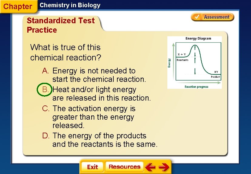 Chapter Chemistry in Biology Standardized Test Practice What is true of this chemical reaction? Chapter Chemistry in Biology Standardized Test Practice What is true of this chemical reaction?