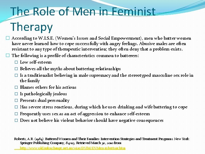 The Role of Men in Feminist Therapy � According to W. I. S. E.