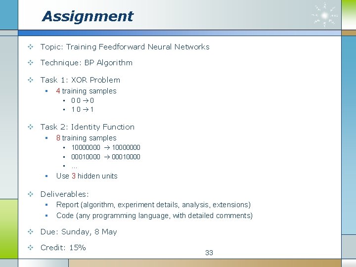 Assignment v Topic: Training Feedforward Neural Networks v Technique: BP Algorithm v Task 1: