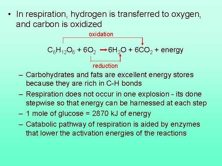  • In respiration, hydrogen is transferred to oxygen, and carbon is oxidized oxidation