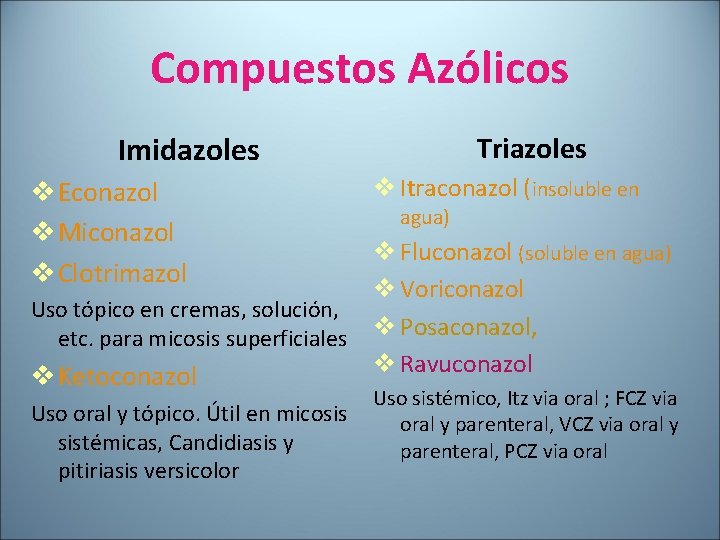 Compuestos Azólicos Imidazoles v Econazol v Miconazol v Clotrimazol Triazoles v Itraconazol (insoluble en