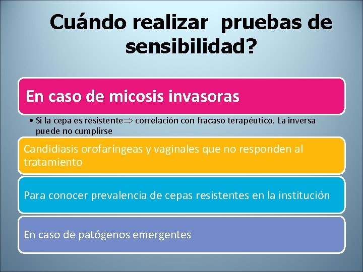 Cuándo realizar pruebas de sensibilidad? sensibilidad En caso de micosis invasoras • Si la