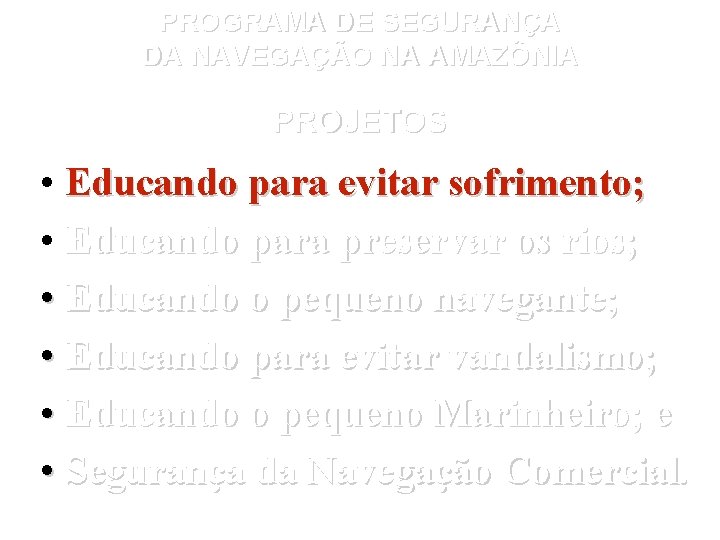 PROGRAMA DE SEGURANÇA DA NAVEGAÇÃO NA AMAZÔNIA PROJETOS • Educando para evitar sofrimento; •