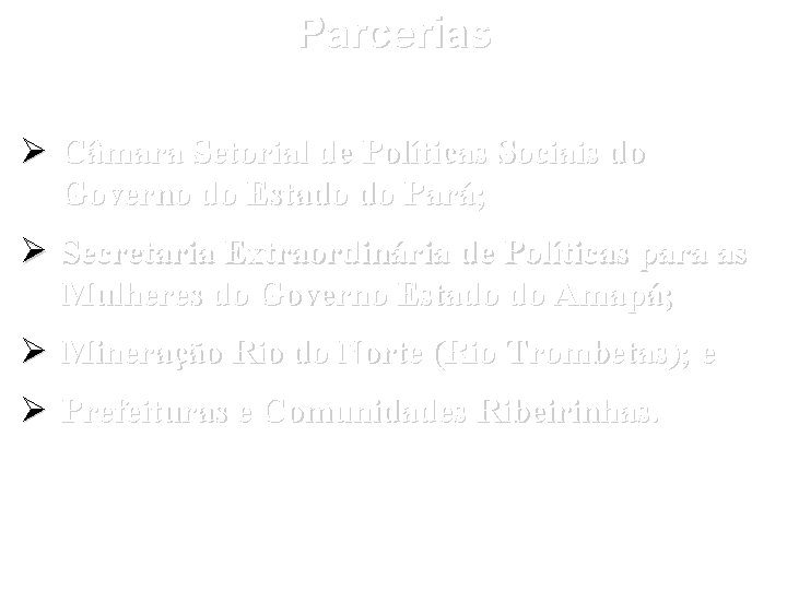 Parcerias Câmara Setorial de Políticas Sociais do Governo do Estado do Pará; Secretaria Extraordinária