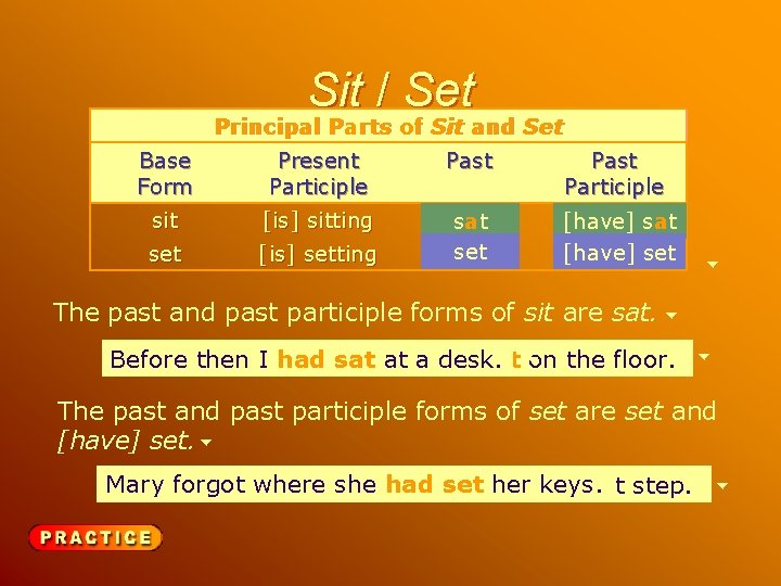 Sit / Set Principal Parts of Sit and Set Base Form Present Participle Past