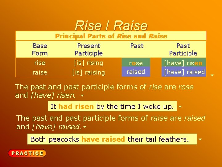 Rise / Raise Principal Parts of Rise and Raise Base Form Present Participle Past