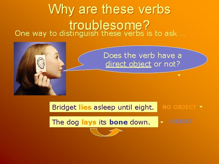 Why are these verbs troublesome? One way to distinguish these verbs is to ask