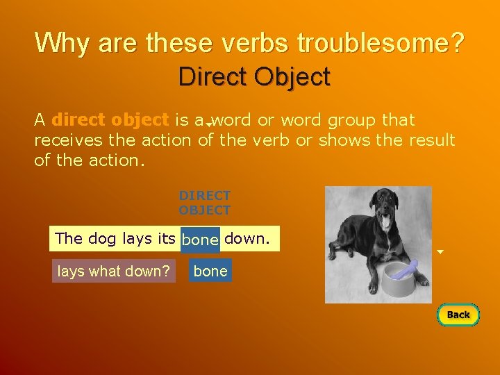 Why are these verbs troublesome? Direct Object A direct object is a word or