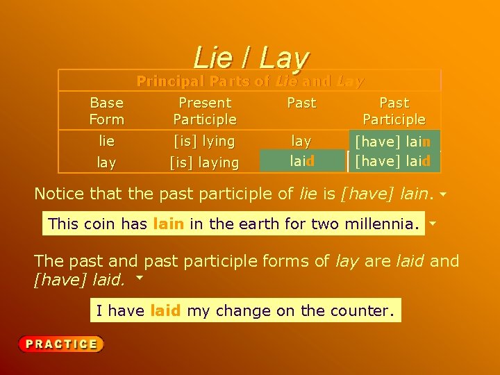 Lie / Lay Principal Parts of Lie and Lay Base Form Present Participle Past