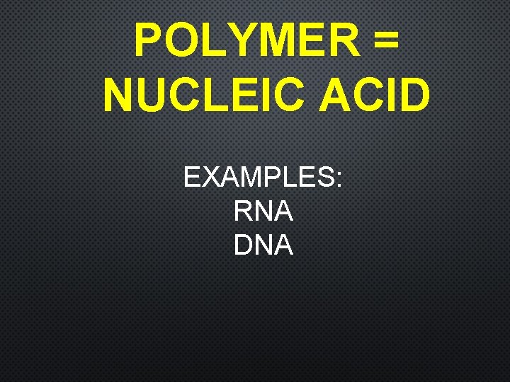 POLYMER = NUCLEIC ACID EXAMPLES: RNA DNA 