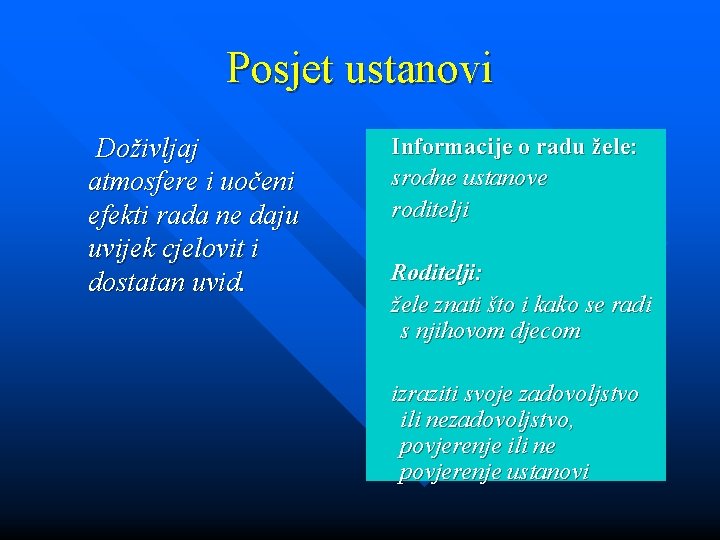 Posjet ustanovi Doživljaj atmosfere i uočeni efekti rada ne daju uvijek cjelovit i dostatan