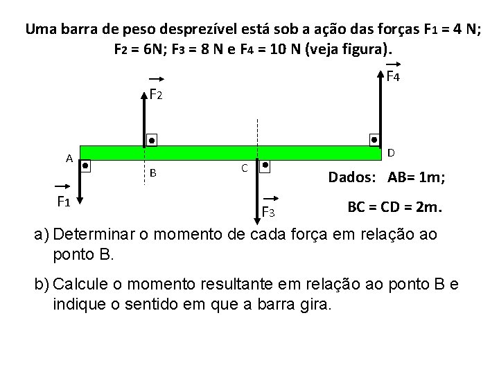 Uma barra de peso desprezível está sob a ação das forças F 1 =