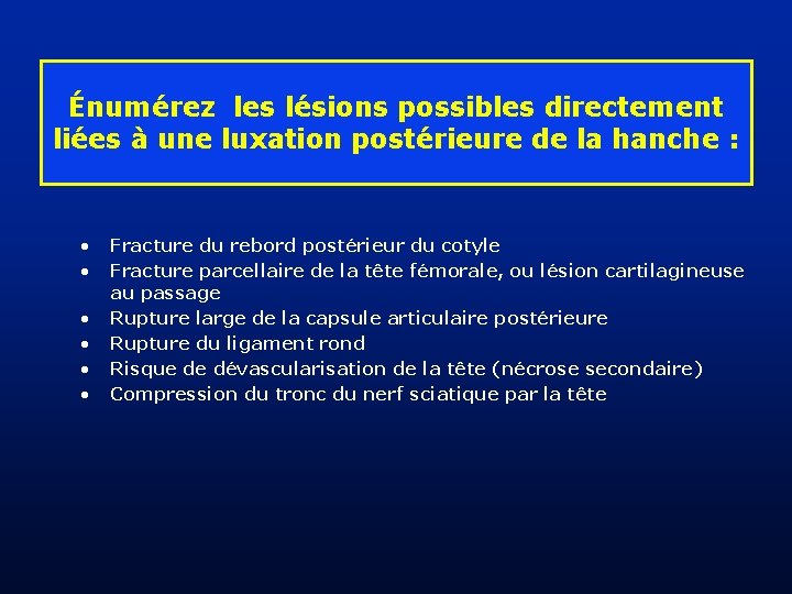 Énumérez les lésions possibles directement liées à une luxation postérieure de la hanche :