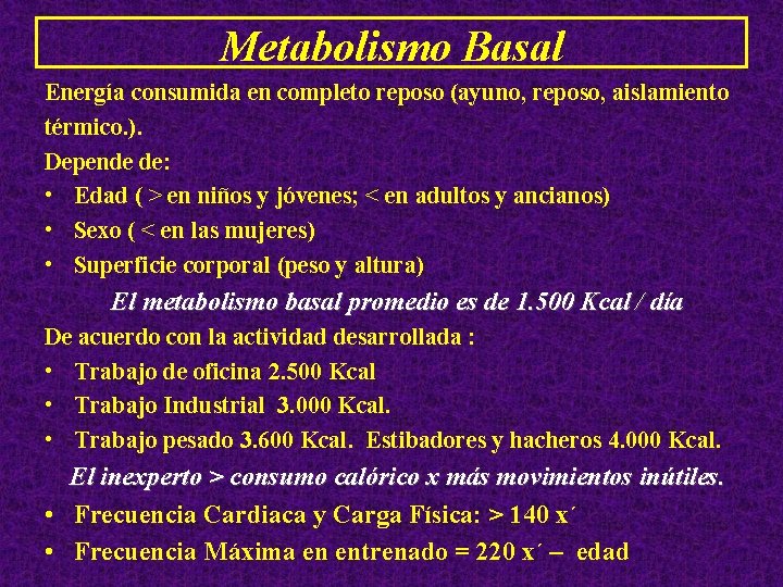 Metabolismo Basal Energía consumida en completo reposo (ayuno, reposo, aislamiento térmico. ). Depende de: