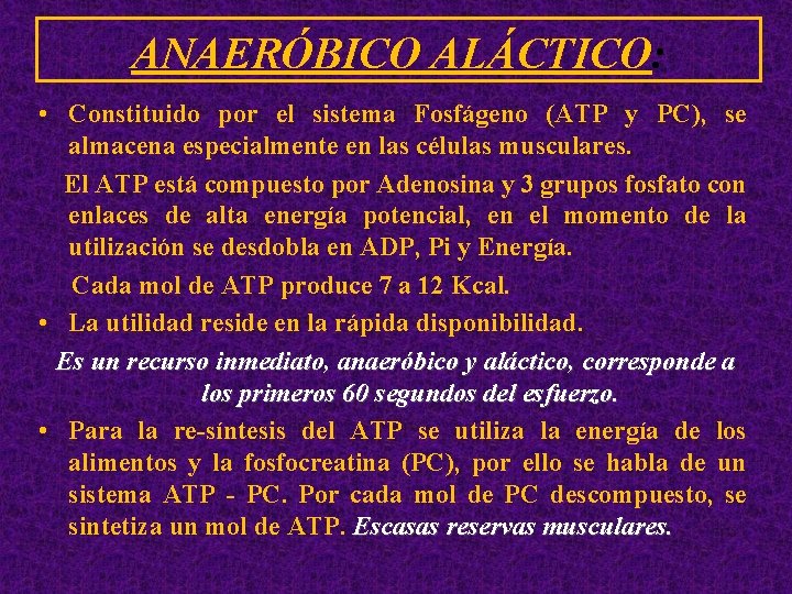 ANAERÓBICO ALÁCTICO: • Constituido por el sistema Fosfágeno (ATP y PC), se almacena especialmente