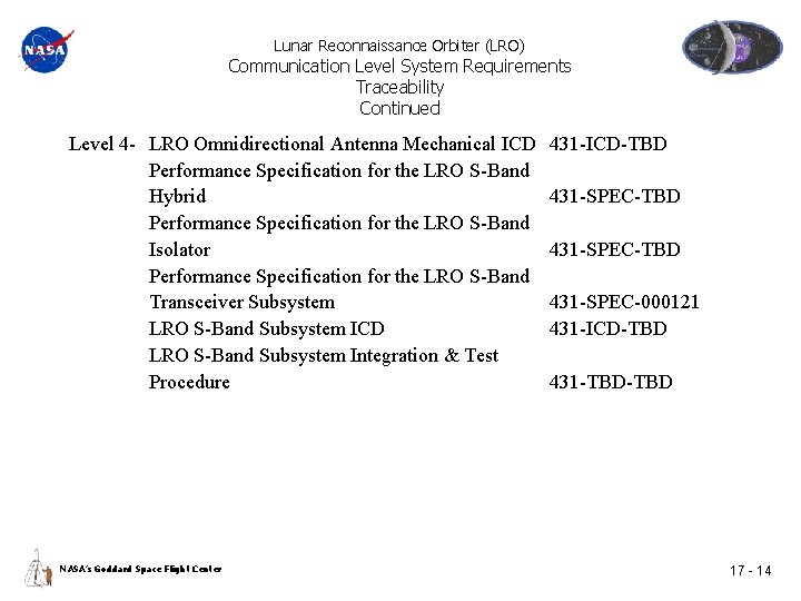 Lunar Reconnaissance Orbiter (LRO) Communication Level System Requirements Traceability Continued Level 4 - LRO