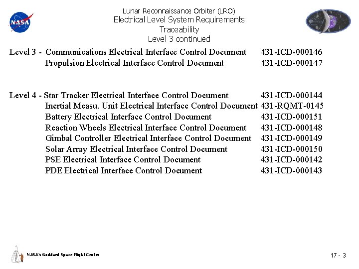 Lunar Reconnaissance Orbiter (LRO) Electrical Level System Requirements Traceability Level 3 continued Level 3