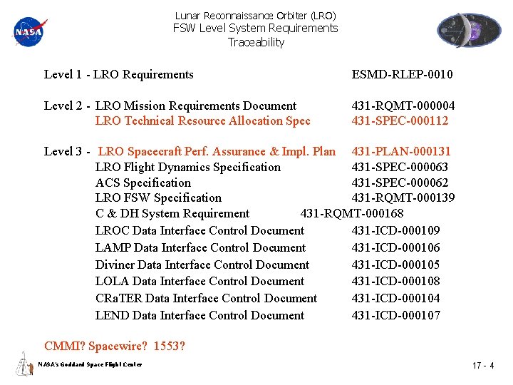 Lunar Reconnaissance Orbiter (LRO) FSW Level System Requirements Traceability Level 1 - LRO Requirements