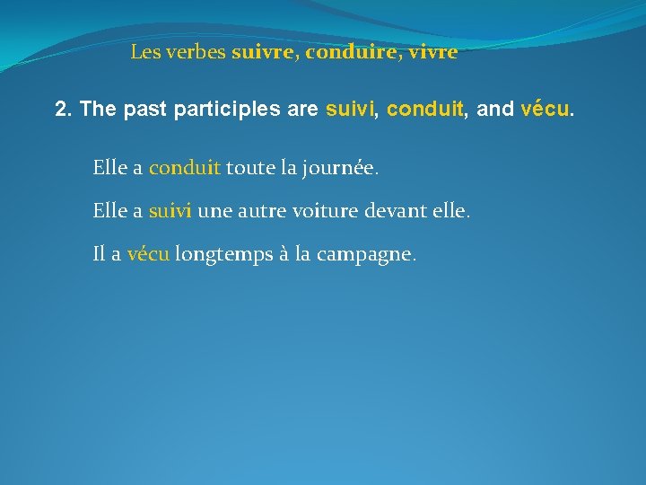 Les verbes suivre, conduire, vivre 2. The past participles are suivi, conduit, and vécu.