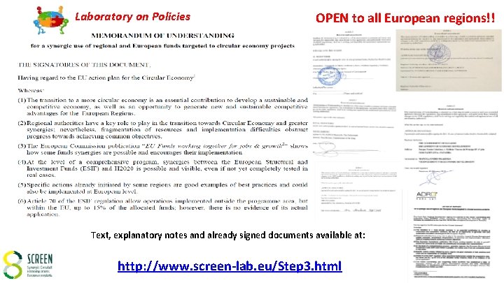 Laboratory on Policies OPEN to all European regions!! Text, explanatory notes and already signed