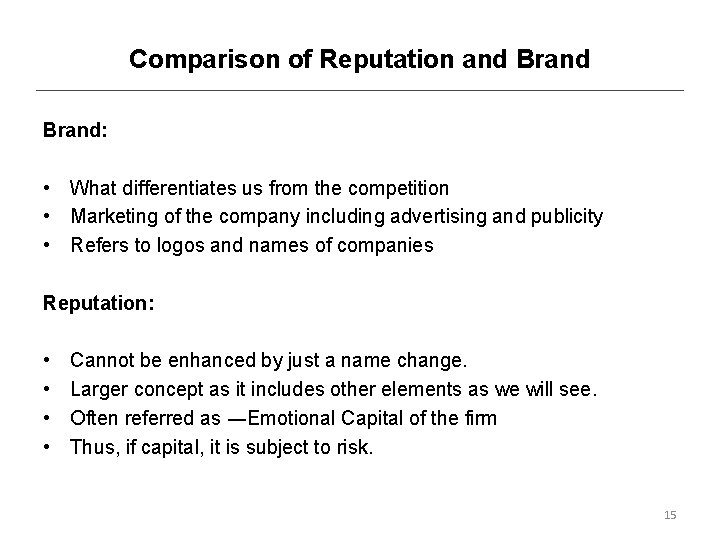 Comparison of Reputation and Brand: • What differentiates us from the competition • Marketing