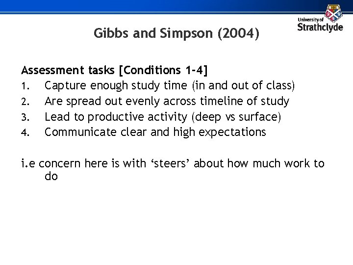 Gibbs and Simpson (2004) Assessment tasks [Conditions 1 -4] 1. Capture enough study time